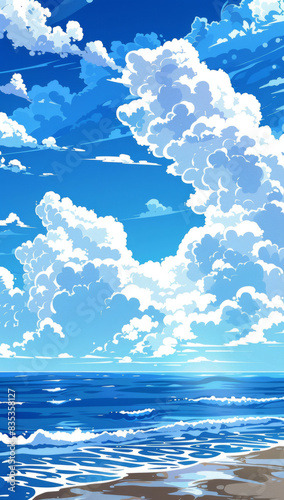 A blue sky with white clouds, the sea and beach in the background, in a flat illustration style, simple, vector art, minimalist.