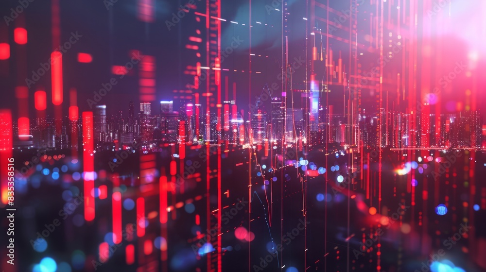 A city illuminated by numerous red and blue lights, creating a vibrant and dynamic atmosphere. A city illuminated by numerous red and blue lights, creating a vibrant and dynamic atmosphere.