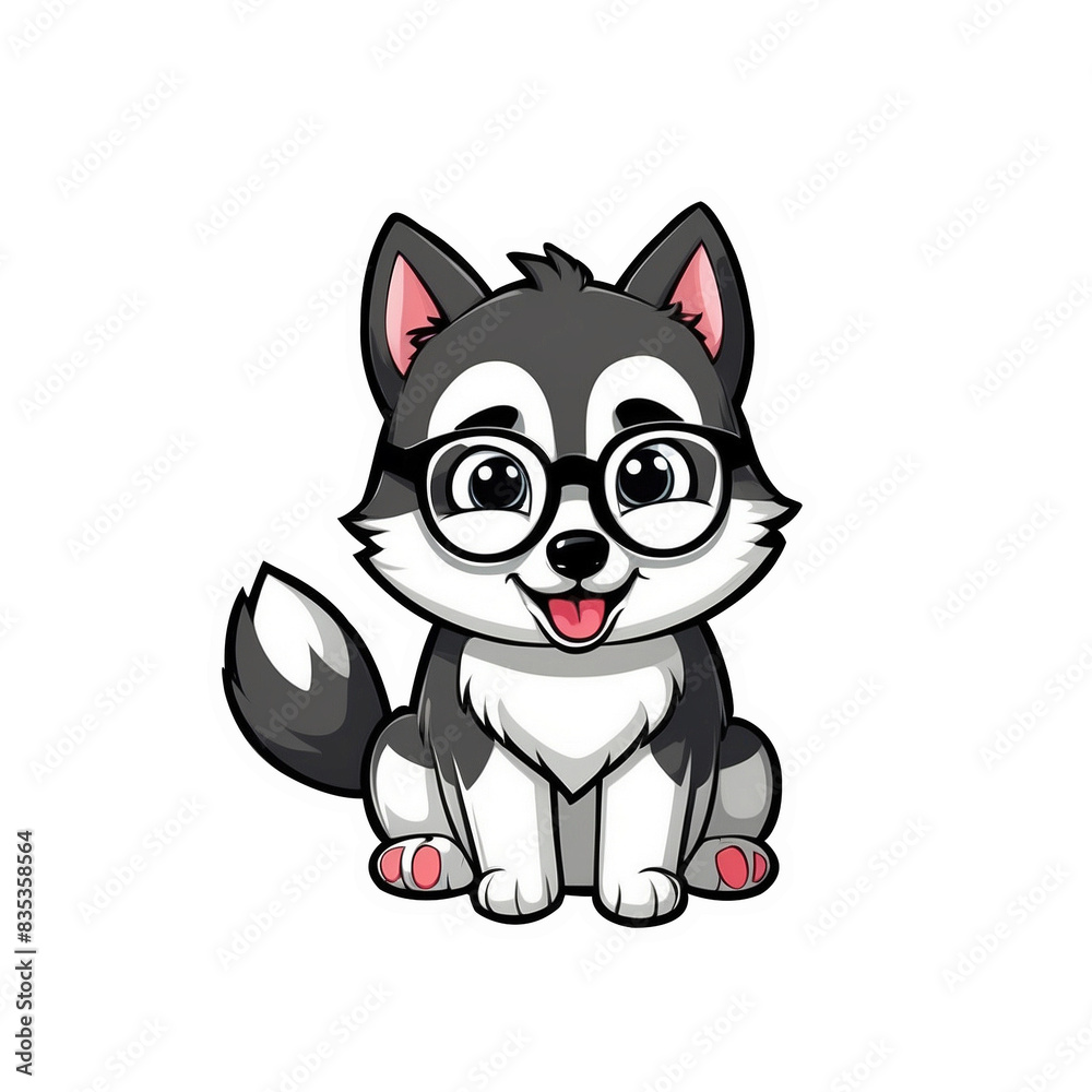 Cute Childish Kawaii Husky Dog Character Sticker with Glasses, Sitting with Head Tilted and Curious Look, Thick Black Outline, Generative AI. Cute Childish Kawaii Husky Dog Character Sticker with Glasses, Sitting with Head Tilted and Curious Look, Thick Black Outline, Generative AI.