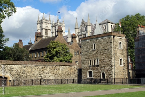 Jewel Tower and Westminster Abbey, viewed from College Green, London. photo