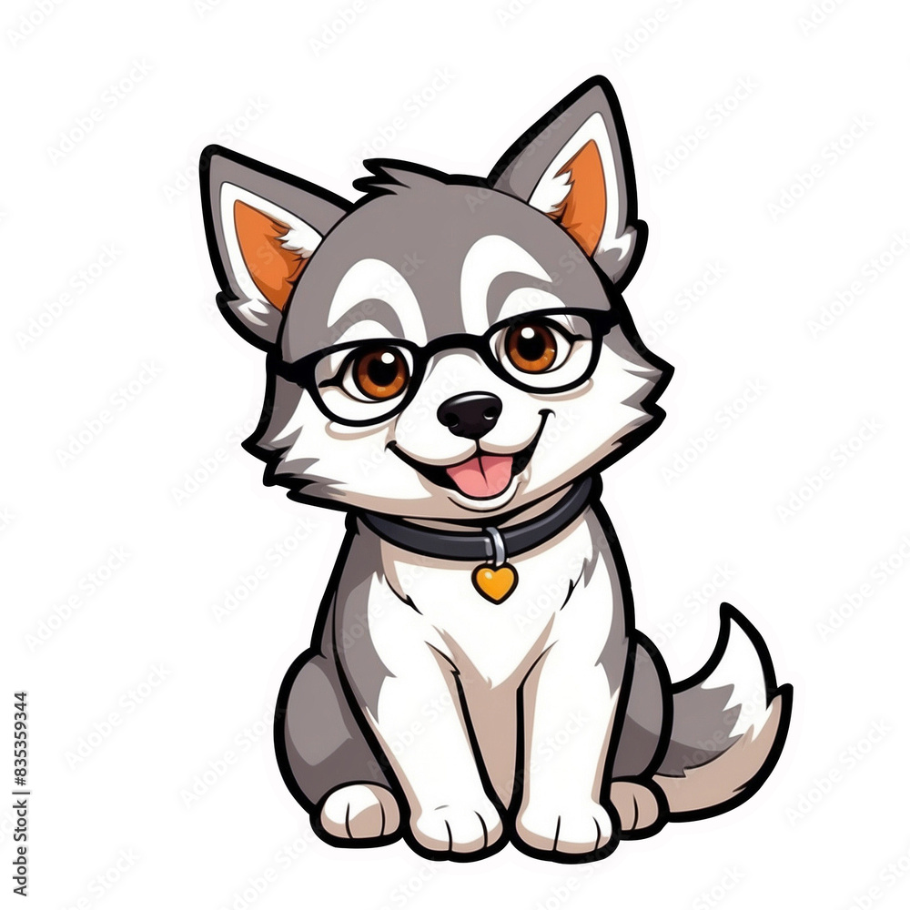 Cute Childish Kawaii Husky Dog Character Sticker with Glasses, Sitting with Head Tilted and Curious Look, Thick Black Outline, Generative AI. Cute Childish Kawaii Husky Dog Character Sticker with Glasses, Sitting with Head Tilted and Curious Look, Thick Black Outline, Generative AI.