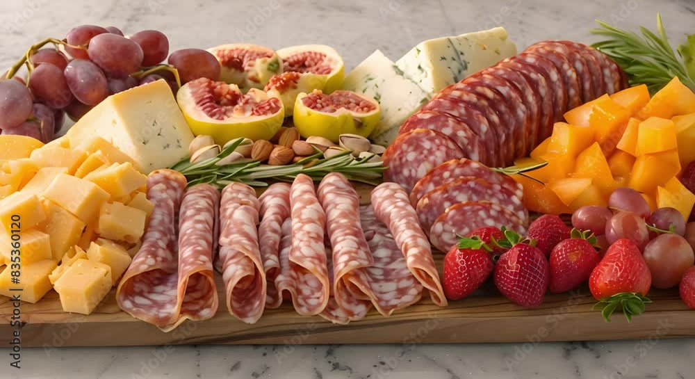 Capturing the Artistry of a Charcuterie Board with Meats, Cheeses, Fruits, and Nuts. Concept Food Styling, Culinary Photography, Gourmet Presentation, Artful Charcuterie, Delightful Arrangements