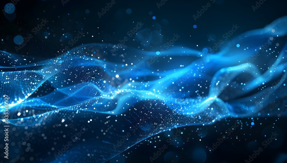 Abstract digital blue wave with glowing dots on a dark background, in the style of a hi-tech and big data concept
Abstract digital blue wave with glowing dots on a dark background, in the style of a hi-tech and big data concept