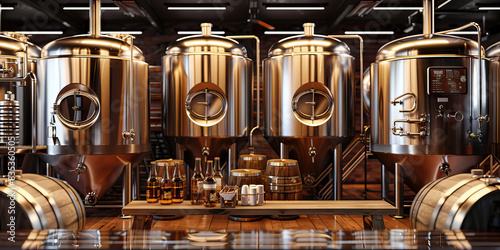 Brewing Excellence: A craft beer brewery with shiny stainless steel tanks, fermenters, and barrels, showcasing the art of brewing and the final product