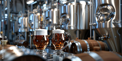 Brewing Excellence: A craft beer brewery with shiny stainless steel tanks, fermenters, and barrels, showcasing the art of brewing and the final product