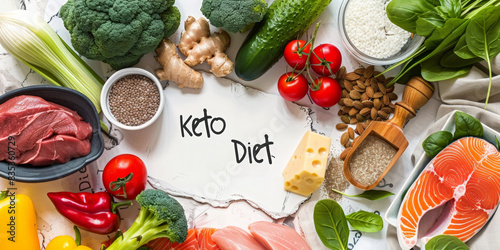 Assorted keto diet foods including meat, fish, vegetables, nuts, and cheese with 