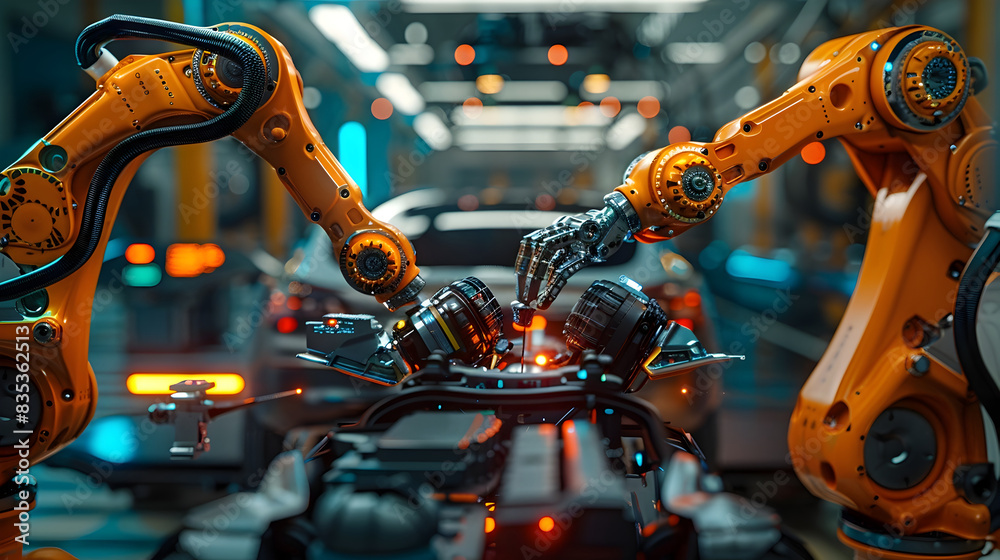 Robotic Arms Installing Electric Engine with Surgical Precision in Car Manufacturing Robotic Arms Installing Electric Engine with Surgical Precision in Car Manufacturing