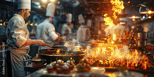 Savory Delights: A bustling restaurant kitchen with chefs preparing mouthwatering dishes on an open flame, inviting patrons to experience the flavors photo