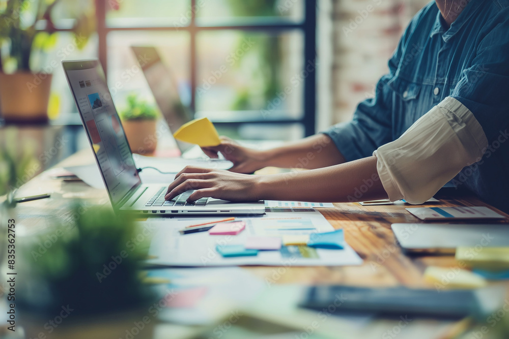 A woman sits comfortably at a wooden table, her laptop open and various creative tools scattered around her. A woman sits comfortably at a wooden table, her laptop open and various creative tools scattered around her.