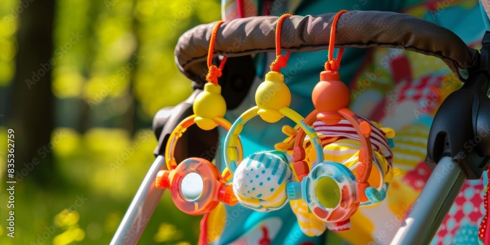 Colorful baby stroller toys hanging on the handle. The toys are made of plastic and are in the shape of animals. The stroller is in a park and there are trees in the background. Colorful baby stroller toys hanging on the handle. The toys are made of plastic and are in the shape of animals. The stroller is in a park and there are trees in the background.