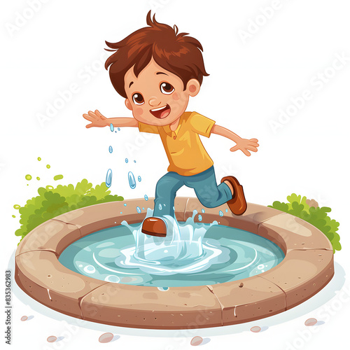 Cute little boy having fun with water in city fountain. child playing water games outdoors on hot day. summer activities for children isolated on white background, realistic, png
 photo