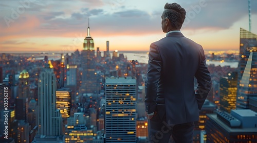 Confident Businessman Overlooking Vibrant City Skyline at Sunset