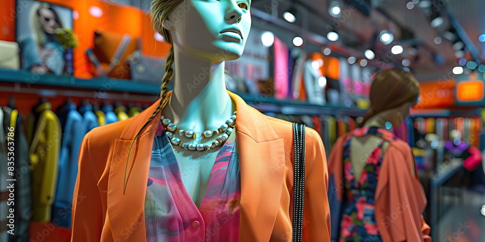 Fototapeta premium Fashion Forward: A trendy clothing store with mannequins showcasing the latest fashion trends and accessories.