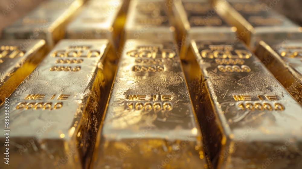Gold bars neatly stacked on top of each other. Gold bars neatly stacked on top of each other.