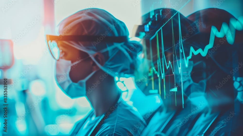 Medical professionals wearing masks and protective gear in a hospital, with medical graphs overlay. Healthcare and frontline workers.