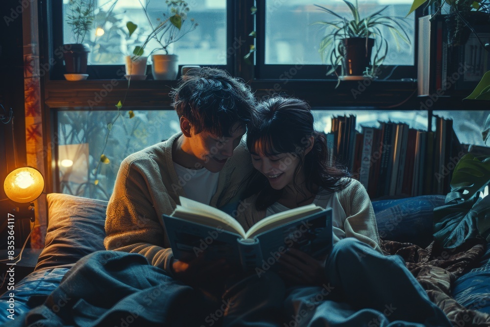 LGBTQ couple enjoying a quiet reading time in a cozy home environment LGBTQ couple enjoying a quiet reading time in a cozy home environment