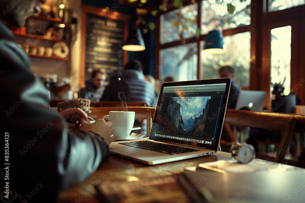 The man enjoys the flexibility of remote work as he sits at his laptop workstation The man enjoys the flexibility of remote work as he sits at his laptop workstation
