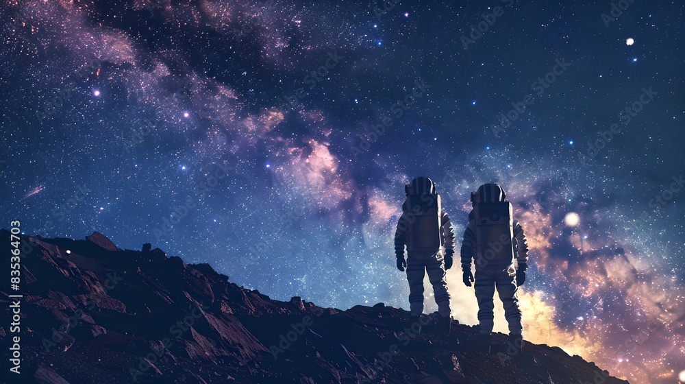 Two astronauts standing on mars planet terrain under night starry sky with the Milky Way. Space manned mission on red planet. Futuristic exploration and planet colonization concept, adventure. 