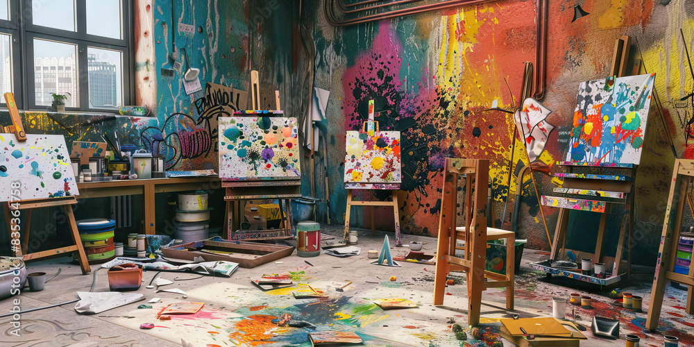 Creative Chaos: A vibrant art studio with paint-covered walls, easels, and various art supplies scattered about