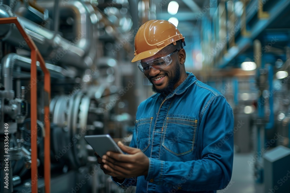 Smiling technician with tablet in an industrial setting checking systems Smiling technician with tablet in an industrial setting checking systems