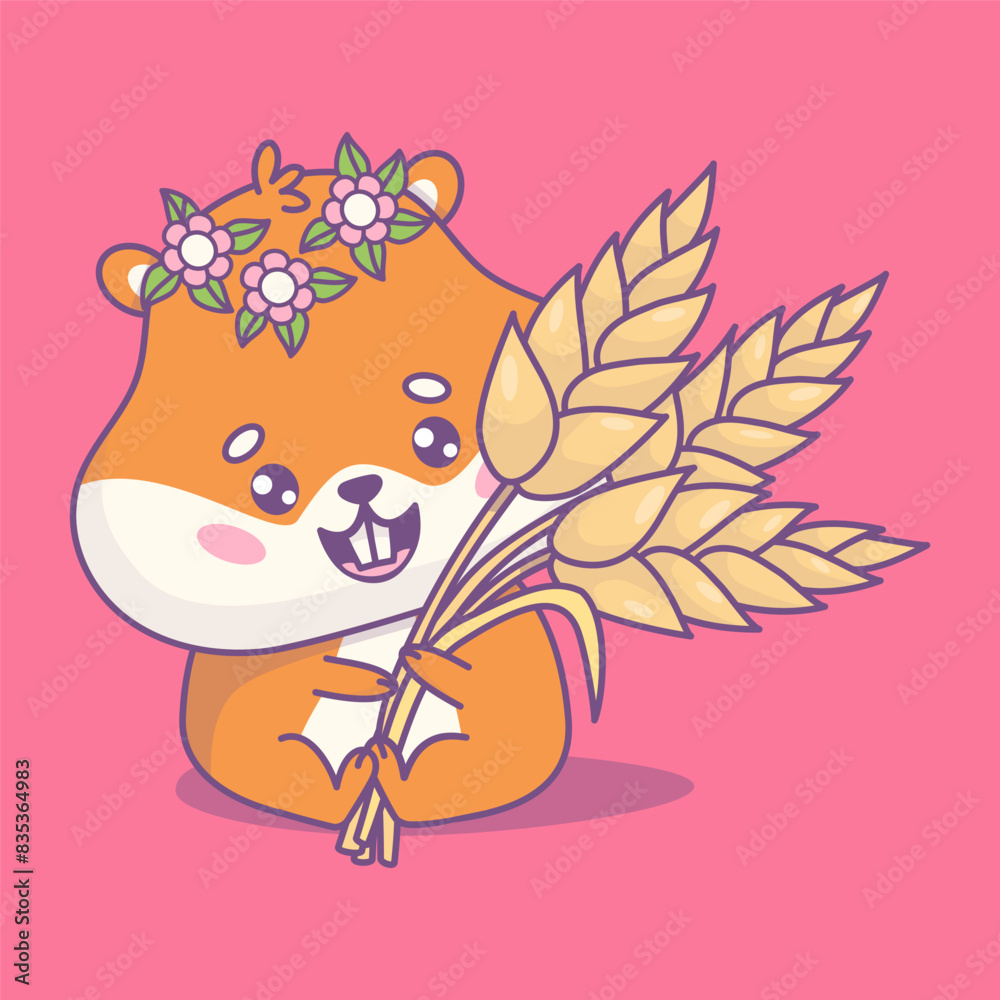 Cute joyful girl hamster with ears of wheat. Funny cartoon kawaii animal character. Vector illustration. Kids collection Cute joyful girl hamster with ears of wheat. Funny cartoon kawaii animal character. Vector illustration. Kids collection