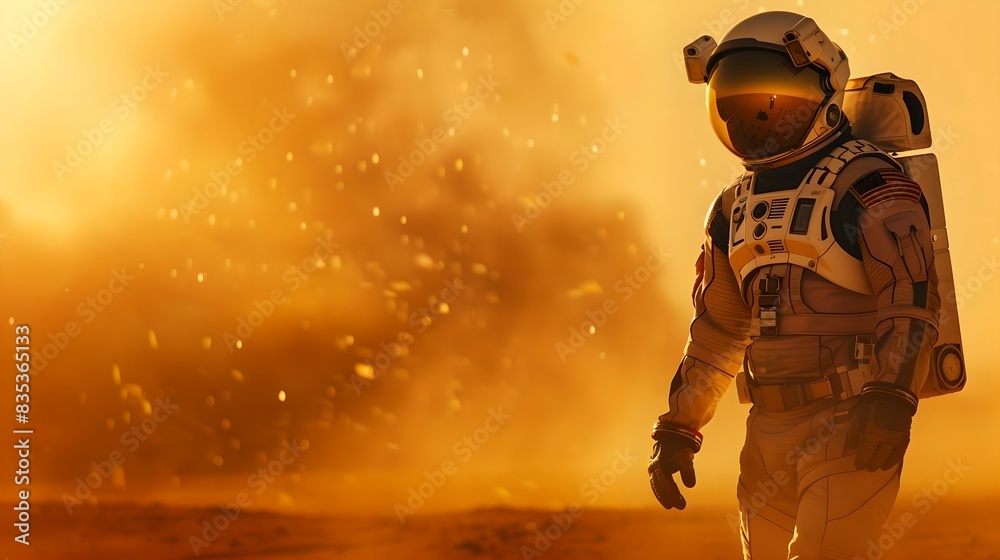 Astronaut walking on mars planet during dust storm. Space manned mission on red planet. Futuristic exploration and planet colonization concept, adventure. Science fiction. Banner with copy space Astronaut walking on mars planet during dust storm. Space manned mission on red planet. Futuristic exploration and planet colonization concept, adventure. Science fiction. Banner with copy space