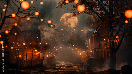 Scary halloween night in old village with houses, street and full moon. Haunted forest background with path. Halloween concept of creepy town with horror lights photo