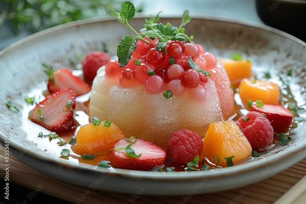 Anmitsu - Traditional dessert with agar jelly, fruit, sweet bean paste, and syrup. Anmitsu - Traditional dessert with agar jelly, fruit, sweet bean paste, and syrup.
