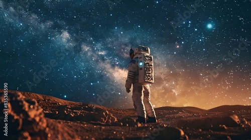 Astronaut standing on rocky terrain under night starry sky with Milky Way. Space manned mission on red planet. Futuristic exploration and planet colonization concept, adventure. Science fiction photo