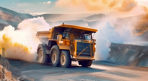 Big yellow mining truck operating in an open pit coal mine quarry. Concept Mining Trucks, Open Pit Mines, Coal Industry, Heavy Machinery, Quarry Operations photo