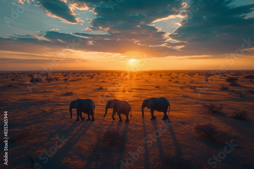 Majestic Elephants in Dry Desert Landscape During Golden Hour, Drone