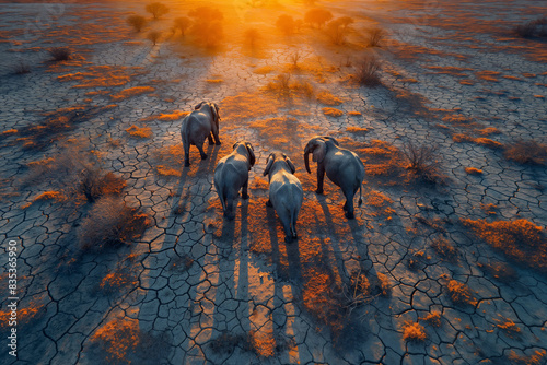 Drone Herd of Elephants Traversing Cracked Earth at Dusk