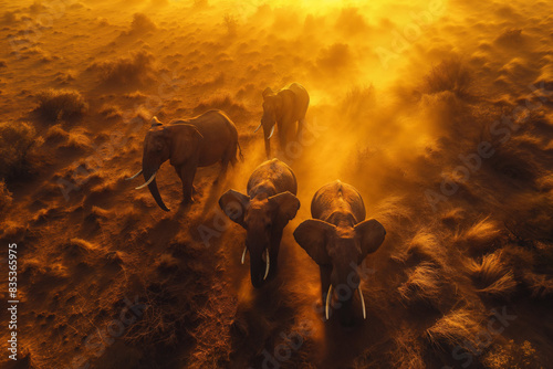 Sunset Silhouettes of Elephants in Barren Desert, Drone View
