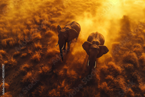 Group of Elephants in Dusty Desert with Dramatic Lighting, Drone View