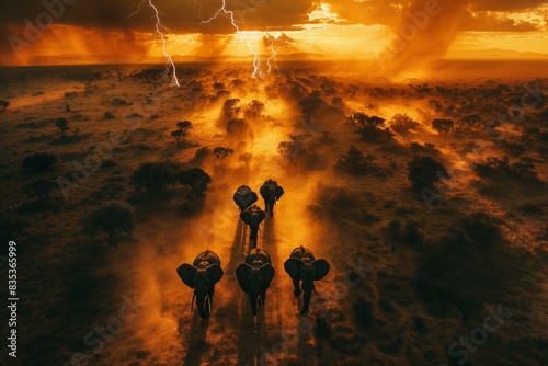 Elephants in Desert During Extreme Weather Conditions at Sunset, Drone View