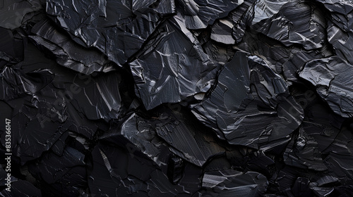 Black rock texture background, dark stone surface with rough and crumpled rocks for design in the style of black stone.