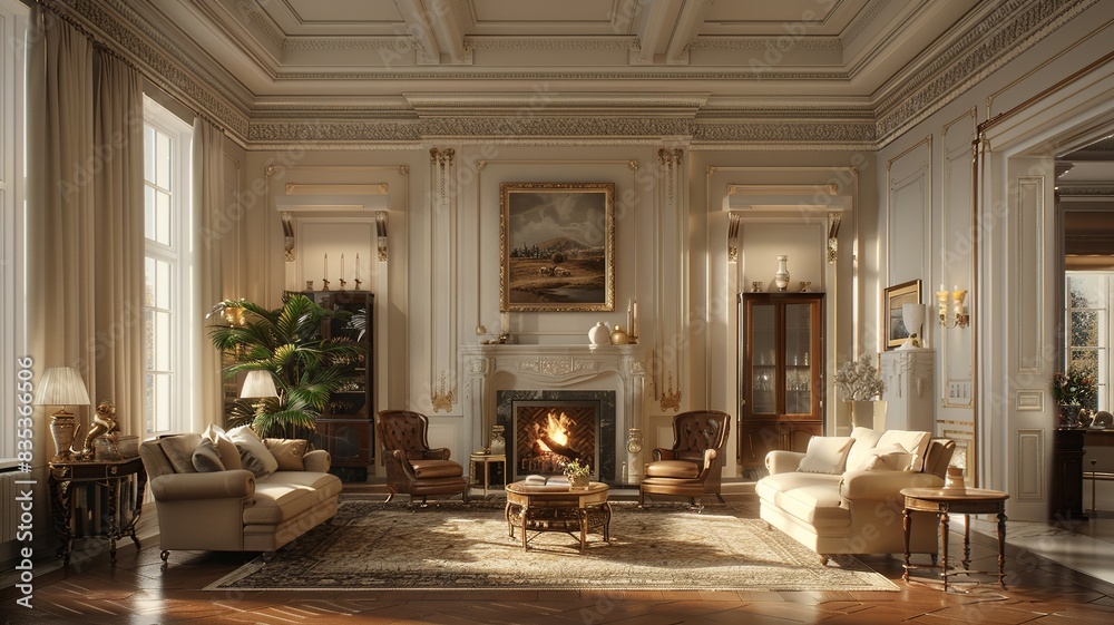 Fototapeta premium Experience the cozy charm of a classic American living room complete with a coffered ceiling, a traditional mantel adorned with family photos, and a comfortable leather recliner