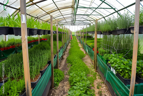 Modern greenhouse facility with rows of hydroponic or aquaponic systems, producing fresh herbs, vegetables, and flowers year-round photo