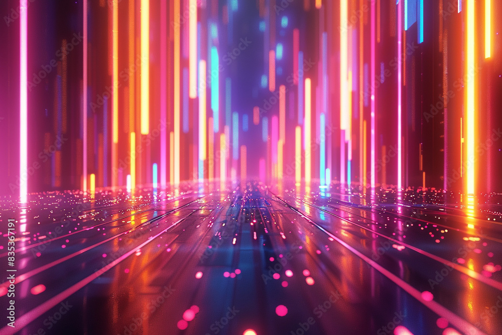 A 3D render featuring an abstract futuristic neon background with glowing ascending lines. This fantastic wallpaper creates a mesmerizing visual effect, perfect for a modern, high-tech look. A 3D render featuring an abstract futuristic neon background with glowing ascending lines. This fantastic wallpaper creates a mesmerizing visual effect, perfect for a modern, high-tech look.