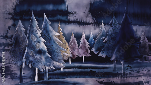 Dark shadowy pine tree forest with muted twilight blue colors and gloomy undertones photo