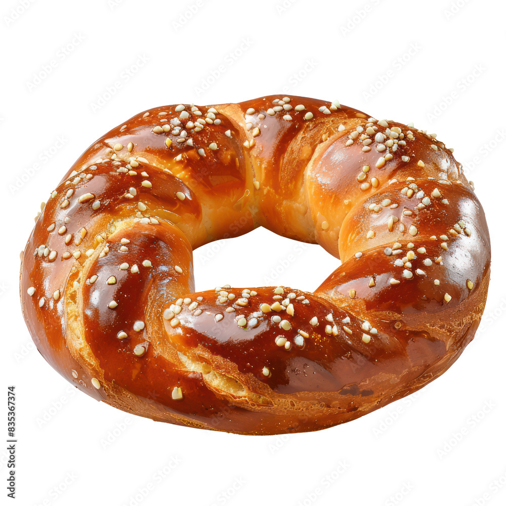 Close-up of a freshly baked braided ring bread topped with sesame seeds. Perfect for baking, bakery, and food photography needs. transparent backgrounds
