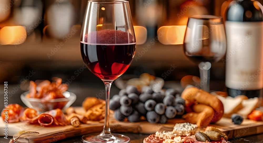 Red wine glass and charcuterie board on bar table viewed in close-up. Concept Food Photography, Wine Tasting, Charcuterie, Bar Setup, Close-Up Shot