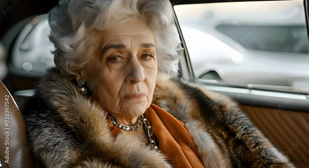 Wealthy elderly woman in fur coat and jewelry in limousine backseat. Concept Fashion, Luxury, Elderly, Wealth, Limousine Wealthy elderly woman in fur coat and jewelry in limousine backseat. Concept Fashion, Luxury, Elderly, Wealth, Limousine