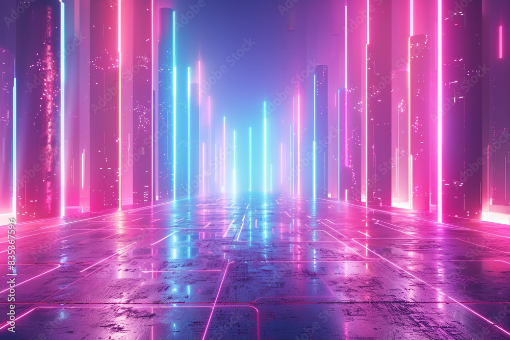 A 3D render featuring an abstract futuristic neon background with glowing ascending lines. This fantastic wallpaper creates a mesmerizing visual effect, perfect for a modern, high-tech look. A 3D render featuring an abstract futuristic neon background with glowing ascending lines. This fantastic wallpaper creates a mesmerizing visual effect, perfect for a modern, high-tech look.