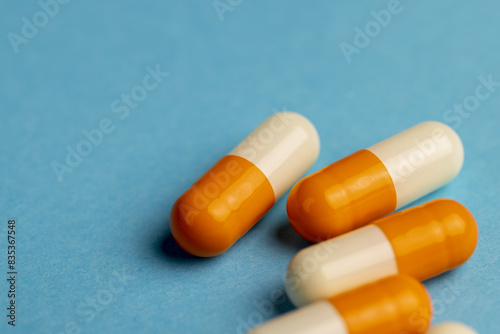 medical drugs in close-up on a blue background