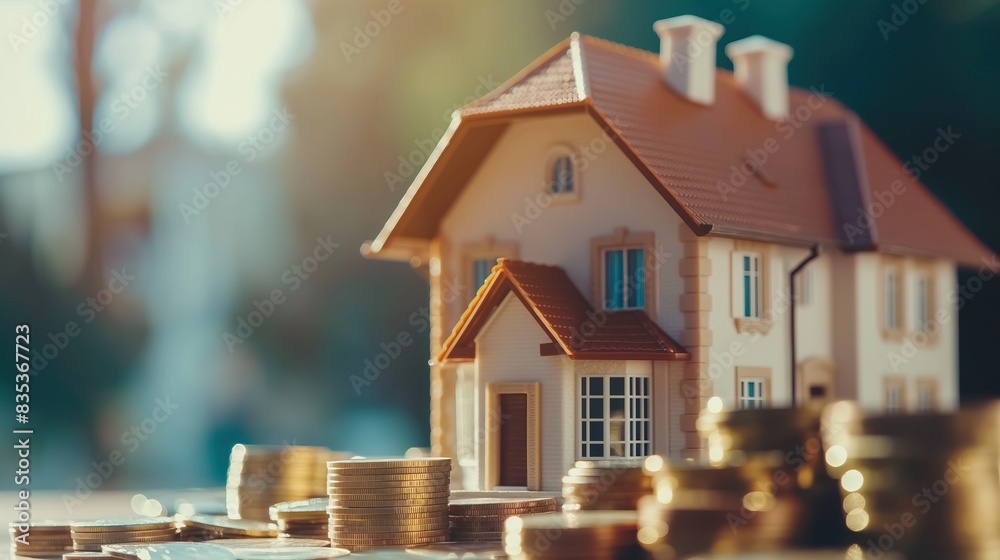 Miniature House Model with Stacks of Coins in Sunlight Representing Real Estate Investment, Mortgage, and Financial Growth Miniature House Model with Stacks of Coins in Sunlight Representing Real Estate Investment, Mortgage, and Financial Growth