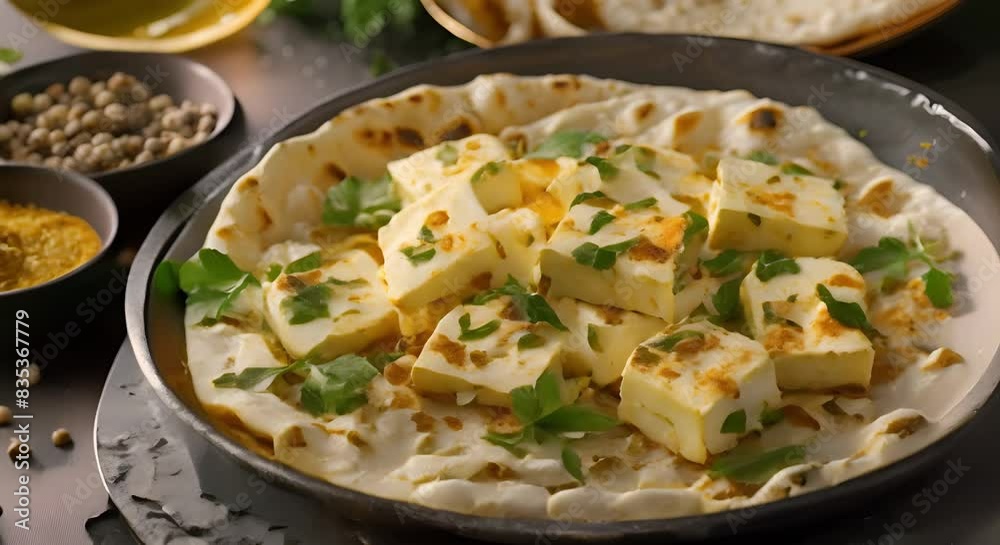 Classic Indian Meal: Butter Chapati, Paneer, and Aromatic Spices. Concept Indian Cuisine, Butter Chapati, Paneer, Aromatic Spices, Classic Meal Classic Indian Meal: Butter Chapati, Paneer, and Aromatic Spices. Concept Indian Cuisine, Butter Chapati, Paneer, Aromatic Spices, Classic Meal