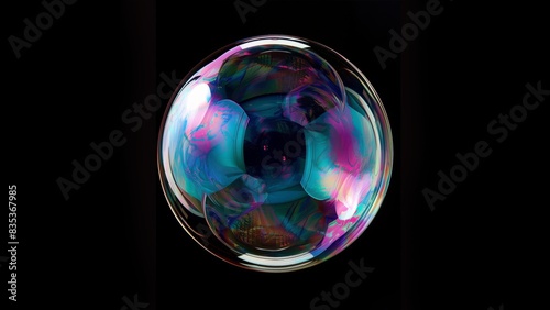 A beautiful iridescent holographic soap bubble, black background
