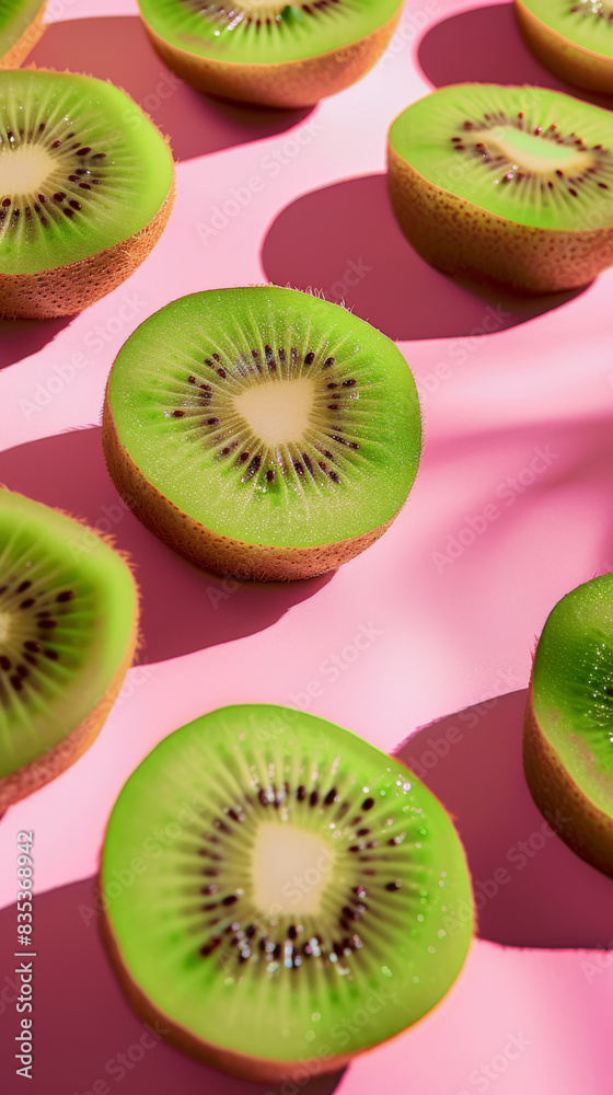 Fototapeta premium Sliced ripe kiwifruit on a pink background