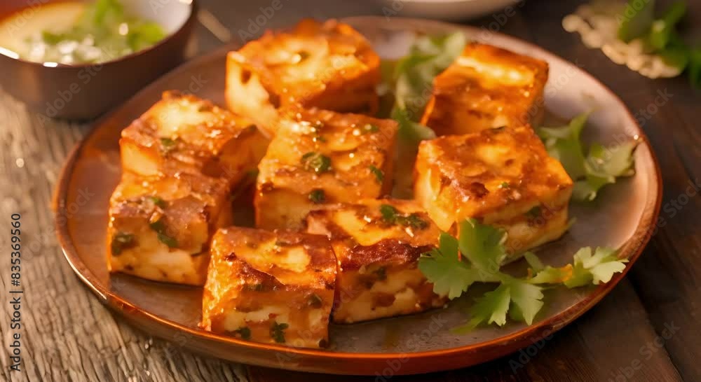 Paneer Cheese Cubes Served with Green Sauce and Cilantro Garnish on a Table. Concept Vegetarian Appetizer, Indian Cuisine, Party Snack, Gourmet Dish, Cooking Presentation Paneer Cheese Cubes Served with Green Sauce and Cilantro Garnish on a Table. Concept Vegetarian Appetizer, Indian Cuisine, Party Snack, Gourmet Dish, Cooking Presentation